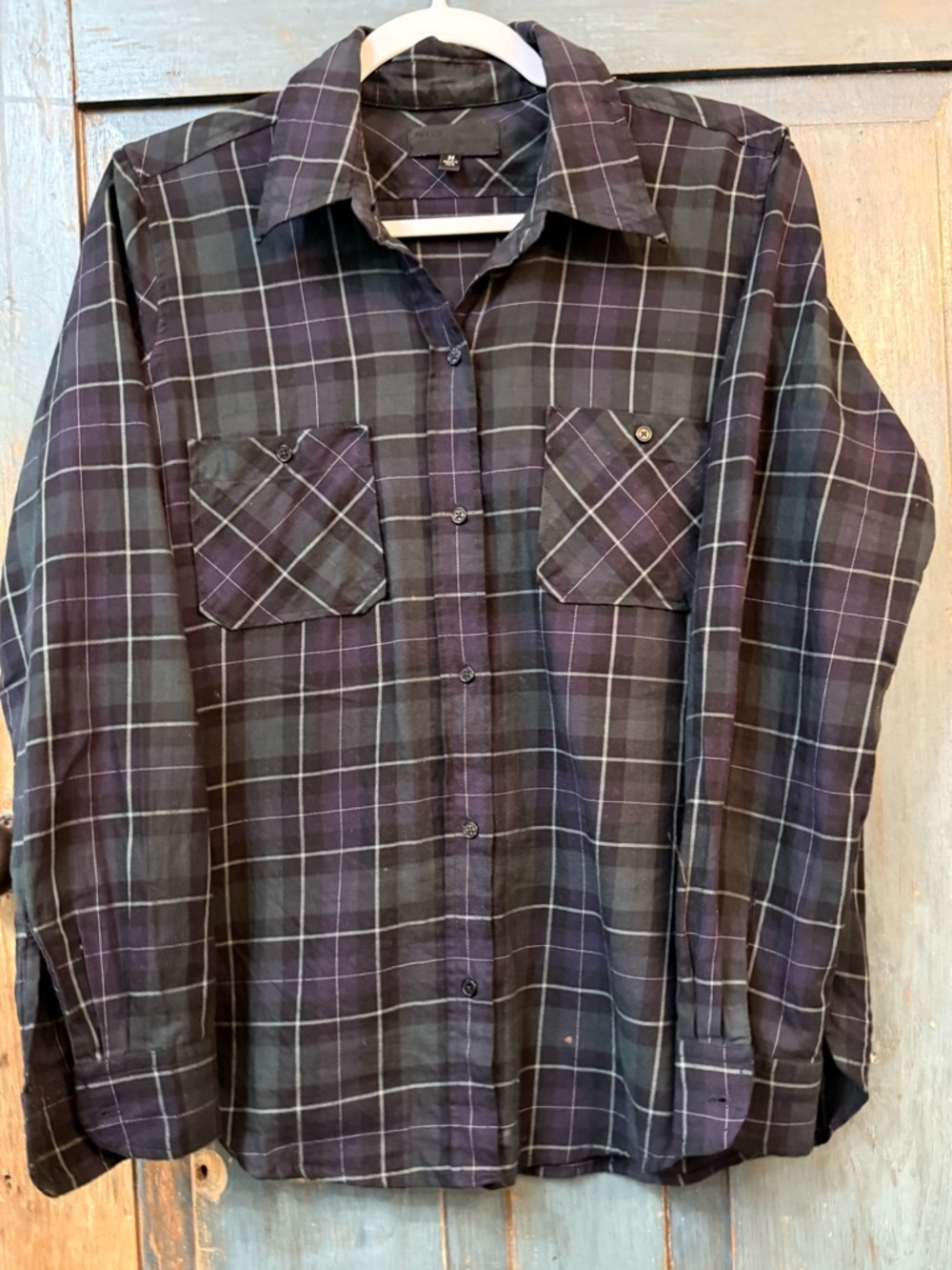 Nili Lotan shirt in dramatic, navy and green, violet plaid size M